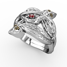 Garnet ve dumanlı kuvars 14 ayar beyaz altın yüzük