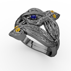 Lab safir ve sitrin 925 ayar siyah rodyum kaplama gümüş yüzük