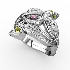 Vipera Yüzük - Pembe kuvars ve peridot 8 ayar beyaz altın yüzük #1u75sug