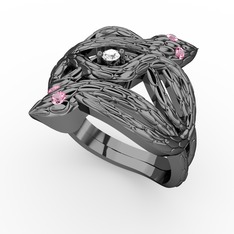 Swarovski ve pembe kuvars 925 ayar siyah rodyum kaplama gümüş yüzük