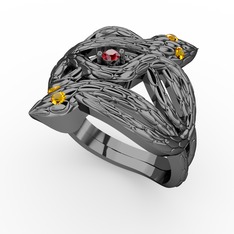 Garnet ve sitrin 925 ayar siyah rodyum kaplama gümüş yüzük