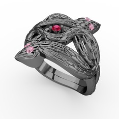 Rodolit garnet ve pembe kuvars 925 ayar siyah rodyum kaplama gümüş yüzük