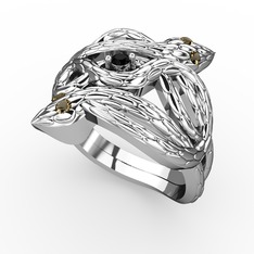 Vipera Yüzük - Siyah zirkon ve dumanlı kuvars 8 ayar beyaz altın yüzük #aqv01n