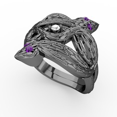 Vipera Yüzük - Pırlanta ve ametist 925 ayar siyah rodyum kaplama gümüş yüzük (0.036 karat) #f9xt9k