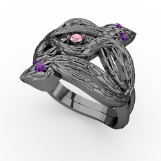 Vipera Yüzük - Pembe kuvars ve ametist 925 ayar siyah rodyum kaplama gümüş yüzük #gnp3q7