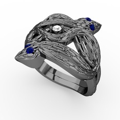 Swarovski ve lab safir 925 ayar siyah rodyum kaplama gümüş yüzük