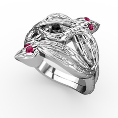 Siyah zirkon ve rodolit garnet 18 ayar beyaz altın yüzük