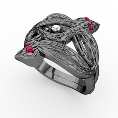 Vipera Yüzük - Beyaz zirkon ve rodolit garnet 925 ayar siyah rodyum kaplama gümüş yüzük #vxu2r7