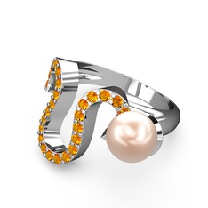 Lora İnci Yüzük - Pembe inci ve sitrin 14 ayar beyaz altın yüzük #1bqll30