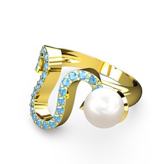 Lora İnci Yüzük - Inci ve akuamarin 925 ayar altın kaplama gümüş yüzük #1bwywu