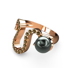 Siyah inci ve dumanlı kuvars 8 ayar rose altın yüzük