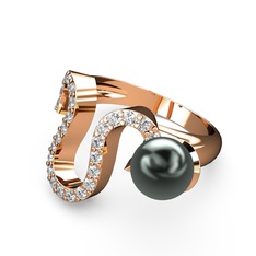Lora İnci Yüzük - Siyah inci ve swarovski 8 ayar rose altın yüzük #1ih6syf