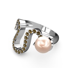 Lora İnci Yüzük - Pembe inci ve dumanlı kuvars 18 ayar beyaz altın yüzük #1lif3s1