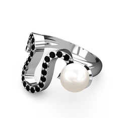 Lora İnci Yüzük - Inci ve siyah zirkon 18 ayar beyaz altın yüzük #1rzei0h