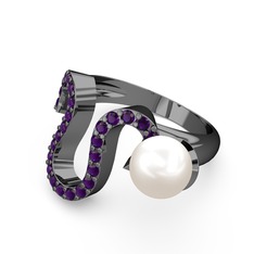 Lora İnci Yüzük - Inci ve ametist 925 ayar siyah rodyum kaplama gümüş yüzük #38m0xr