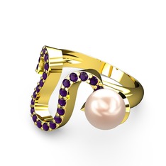Lora İnci Yüzük - Pembe inci ve ametist 8 ayar altın yüzük #66v1m2