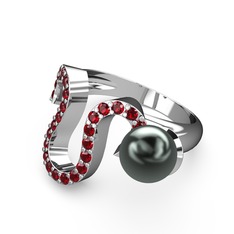 Lora İnci Yüzük - Siyah inci ve garnet 18 ayar beyaz altın yüzük #8m4x0m
