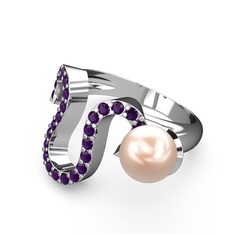 Lora İnci Yüzük - Pembe inci ve ametist 14 ayar beyaz altın yüzük #8vek01