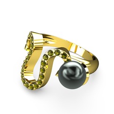 Lora İnci Yüzük - Siyah inci ve peridot 8 ayar altın yüzük #9063q6
