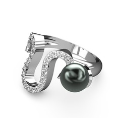 Lora İnci Yüzük - Siyah inci ve swarovski 14 ayar beyaz altın yüzük #9yxki8