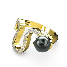 Lora İnci Yüzük - Siyah inci ve pırlanta 8 ayar altın yüzük (0.555 karat) #e5k0dg