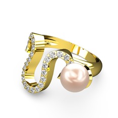 Lora İnci Yüzük - Pembe inci ve swarovski 925 ayar altın kaplama gümüş yüzük #emw54l