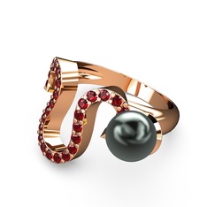 Lora İnci Yüzük - Siyah inci ve garnet 925 ayar rose altın kaplama gümüş yüzük #g4g9f