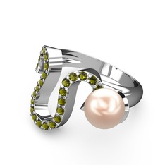 Lora İnci Yüzük - Pembe inci ve peridot 14 ayar beyaz altın yüzük #js95bo
