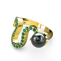 Lora İnci Yüzük - Siyah inci ve yeşil kuvars 8 ayar altın yüzük #u2g3kb