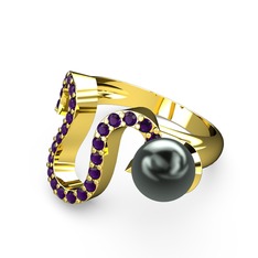 Lora İnci Yüzük - Siyah inci ve ametist 18 ayar altın yüzük #vj9sx7