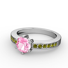 Pembe kuvars ve peridot 14 ayar beyaz altın yüzük