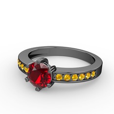 Anima Tektaş Yüzük - Garnet ve sitrin 925 ayar siyah rodyum kaplama gümüş yüzük #1ancqmb
