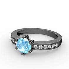 Akuamarin ve swarovski 925 ayar siyah rodyum kaplama gümüş yüzük