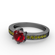 Anima Tektaş Yüzük - Garnet ve peridot 925 ayar siyah rodyum kaplama gümüş yüzük #1e53fdv