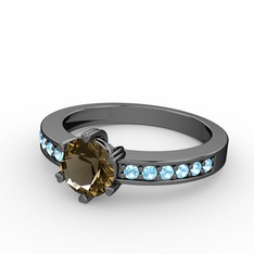 Anima Tektaş Yüzük - Dumanlı kuvars ve akuamarin 925 ayar siyah rodyum kaplama gümüş yüzük #1e8f368