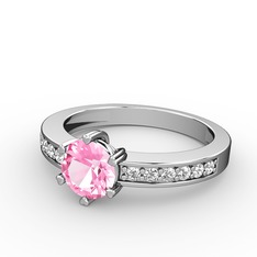 Pembe kuvars ve pırlanta 18 ayar beyaz altın yüzük (0.18 karat)