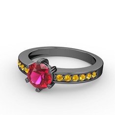 Anima Tektaş Yüzük - Rodolit garnet ve sitrin 925 ayar siyah rodyum kaplama gümüş yüzük #1unqkmj