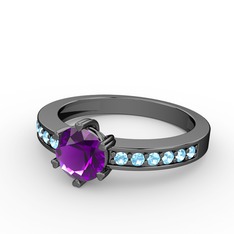 Anima Tektaş Yüzük - Ametist ve akuamarin 925 ayar siyah rodyum kaplama gümüş yüzük #1wlv40b