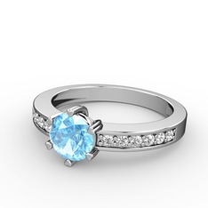 Anima Tektaş Yüzük - Akuamarin ve pırlanta 14 ayar beyaz altın yüzük (0.18 karat) #6qqia1
