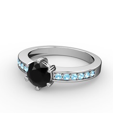Anima Tektaş Yüzük - Siyah zirkon ve akuamarin 18 ayar beyaz altın yüzük #95l9yd