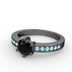 Anima Tektaş Yüzük - Siyah zirkon ve akuamarin 925 ayar siyah rodyum kaplama gümüş yüzük #cswmmv