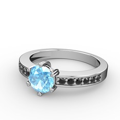 Anima Tektaş Yüzük - Akuamarin ve siyah zirkon 8 ayar beyaz altın yüzük #d919sw