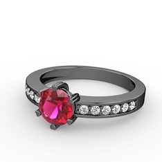 Anima Tektaş Yüzük - Rodolit garnet ve pırlanta 925 ayar siyah rodyum kaplama gümüş yüzük (0.18 karat) #e4889q