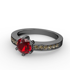 Anima Tektaş Yüzük - Garnet ve dumanlı kuvars 925 ayar siyah rodyum kaplama gümüş yüzük #eamj70