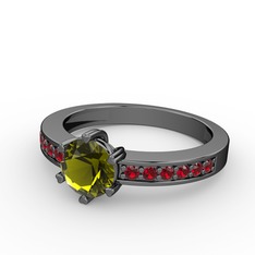 Anima Tektaş Yüzük - Peridot ve garnet 925 ayar siyah rodyum kaplama gümüş yüzük #f3593f