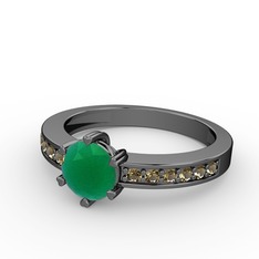 Anima Tektaş Yüzük - Kök zümrüt ve dumanlı kuvars 925 ayar siyah rodyum kaplama gümüş yüzük #ivdtzw