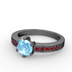 Akuamarin ve garnet 925 ayar siyah rodyum kaplama gümüş yüzük
