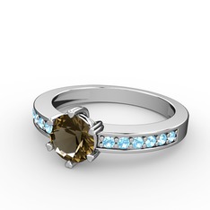 Anima Tektaş Yüzük - Dumanlı kuvars ve akuamarin 8 ayar beyaz altın yüzük #p970u4