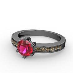 Anima Tektaş Yüzük - Rodolit garnet ve dumanlı kuvars 925 ayar siyah rodyum kaplama gümüş yüzük #tuvjb8