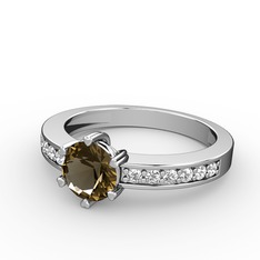 Anima Tektaş Yüzük - Dumanlı kuvars ve pırlanta 14 ayar beyaz altın yüzük (0.18 karat) #vfo95i
